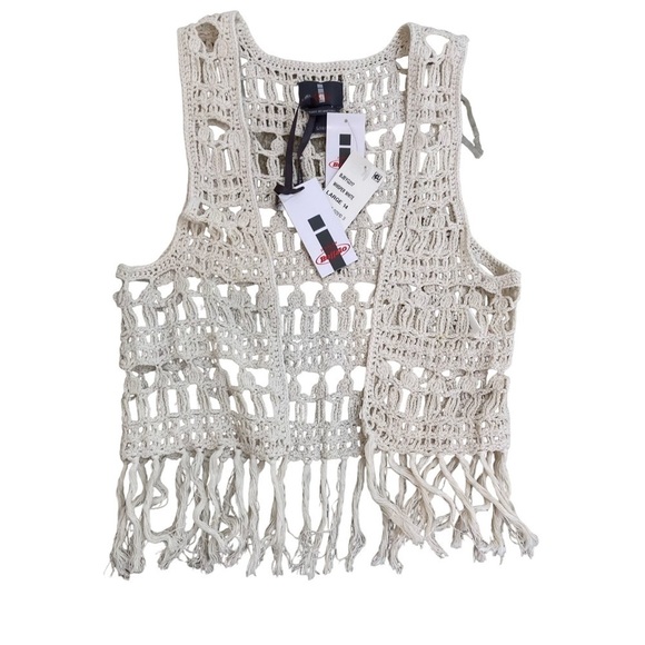 NWT Buffalo 100% cotton crochet ivory open front vest with fringe size 14 girls - Picture 1 of 8